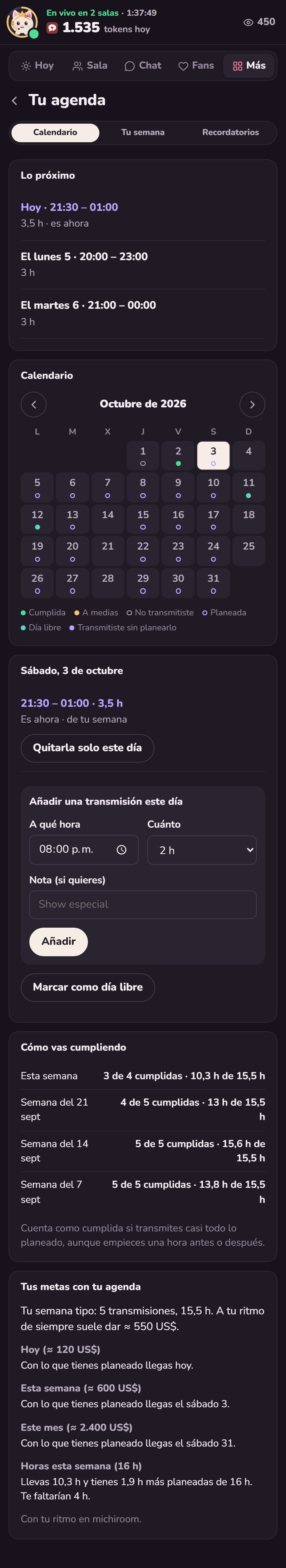 Pantalla Tu agenda con lo próximo y el calendario de octubre: cumplidas, días libres y planeadas