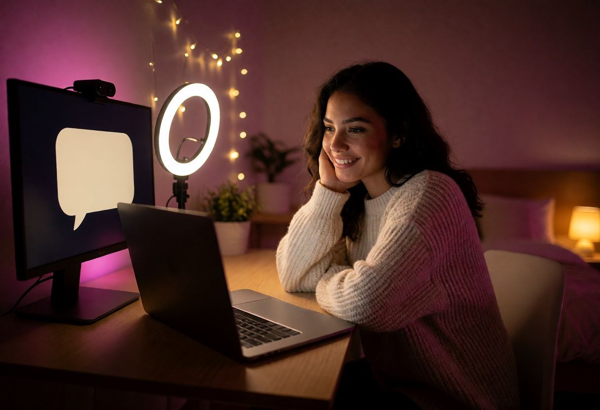 La modelo en su escritorio con el aro de luz, la cámara sobre el monitor y un globo crema en la pantalla