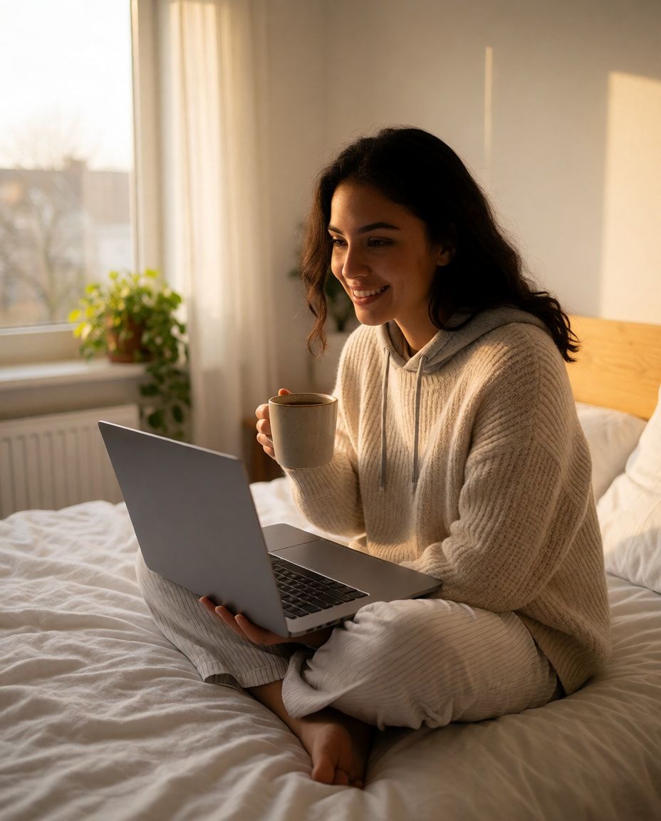La misma modelo a la mañana siguiente, en la cama con el portátil y un café