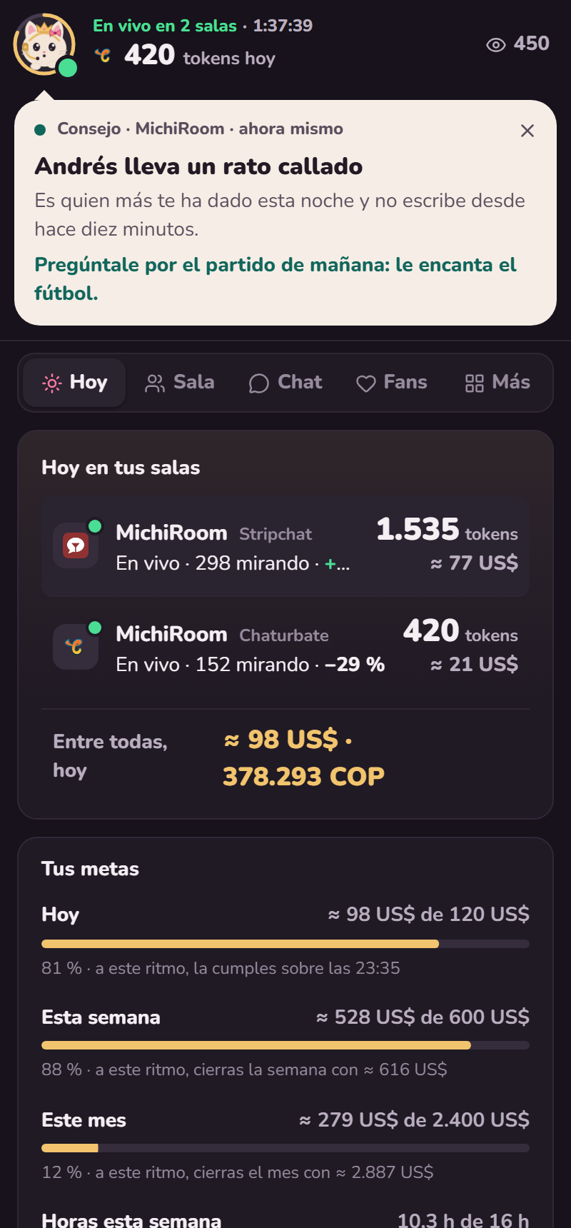 El panel de Michi en vivo en dos salas, con un consejo de Michi en su globo